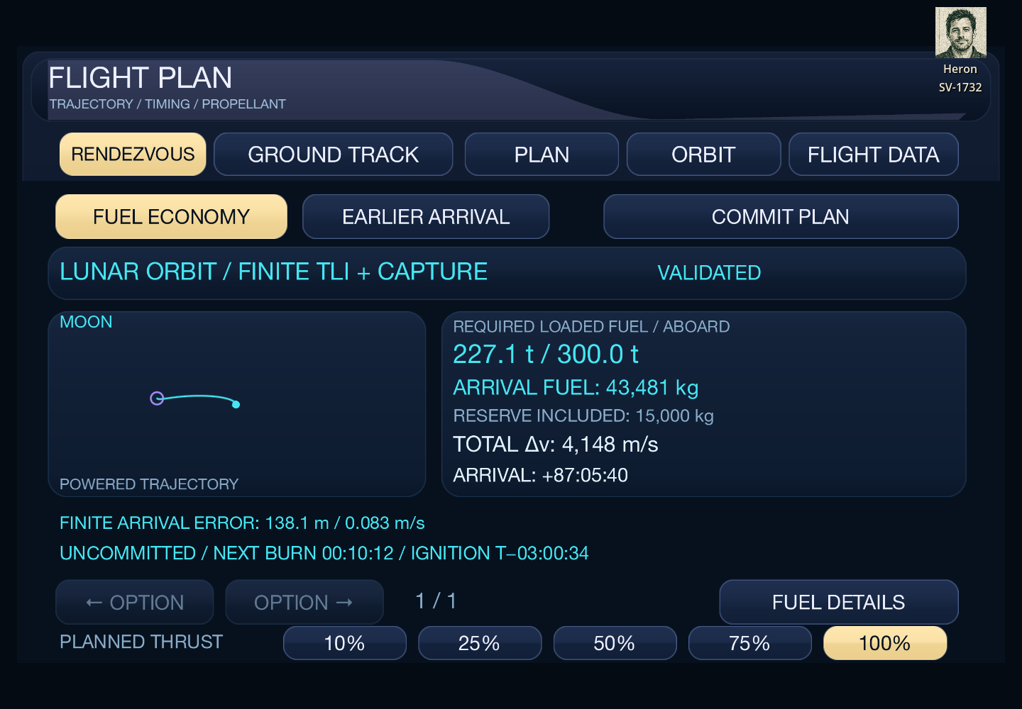 Starward flight plan showing a validated lunar transfer, fuel budget, arrival fuel, delta-v, and timing