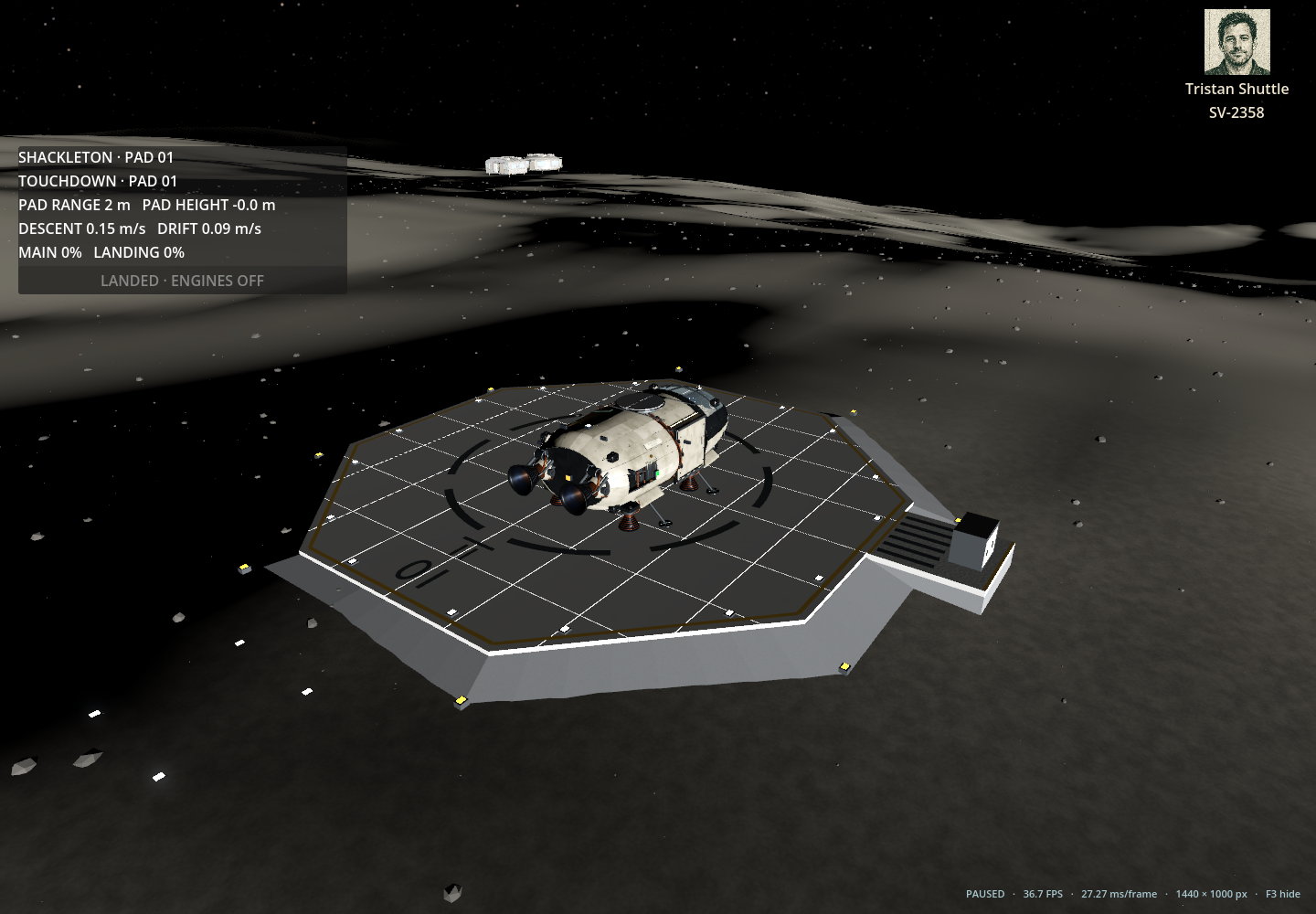Tristan Shuttle landed on Pad 01 on the lunar surface in Starward